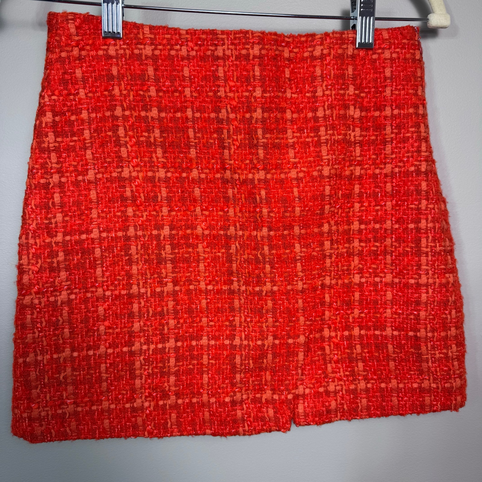 Zara Orange Tweed Mini Skirt Plaid Textured Front Slit Xs/S